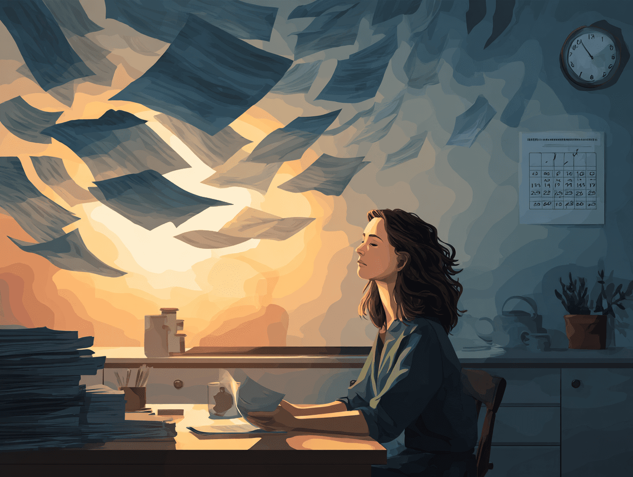 A doctor calmly working at a laptop while her documents organise themselves behind her