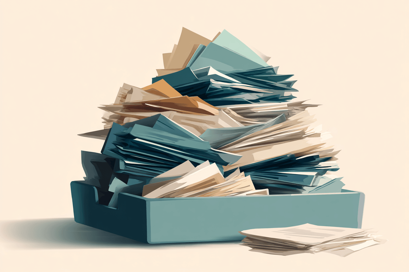 A drawer of mixed paperwork swirling upwards into order