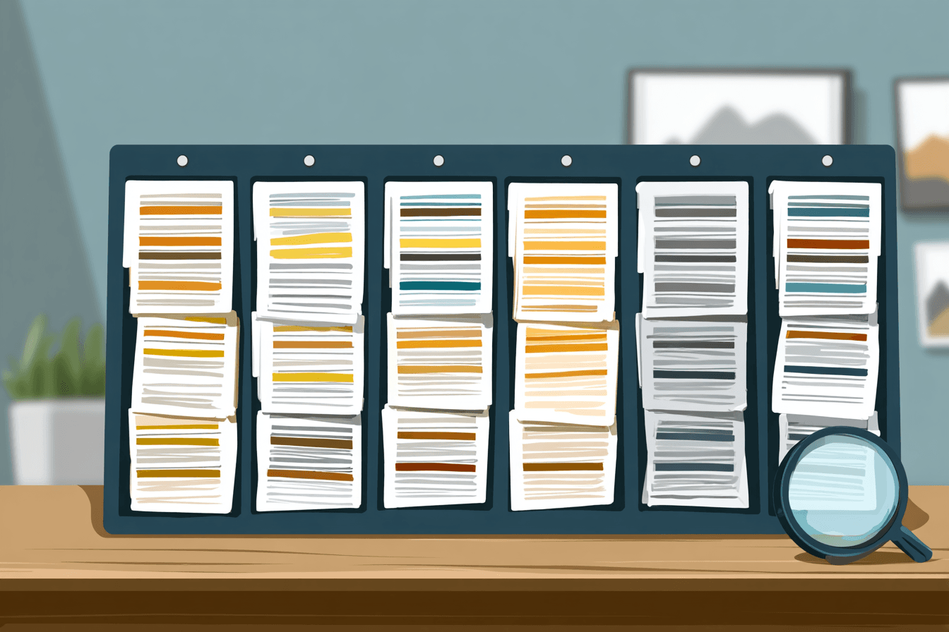 A six-column evidence board with ticks under a magnifying glass revealing the gaps